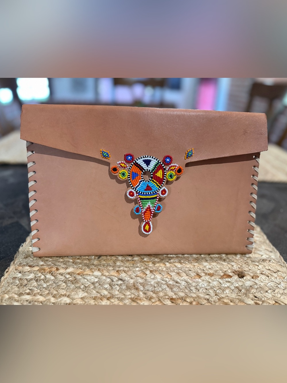 Laidback London Handcrafted Tan Leather Clutch with Colorful Bead Embellishment